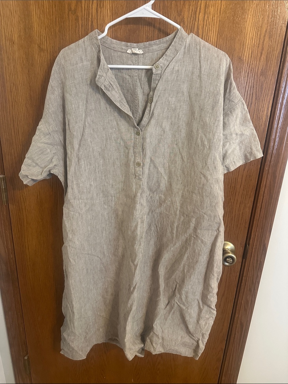 Eileen Fisher Casual Button-Down Linen Dress in Tan